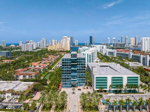 Aerial panoramic view of 10X Centre in Aventura, skyline, and waterways