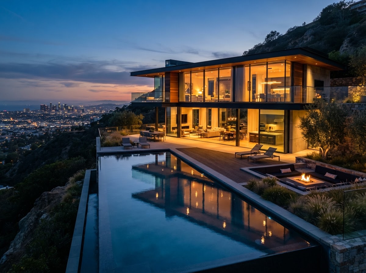 Architectural home at dusk