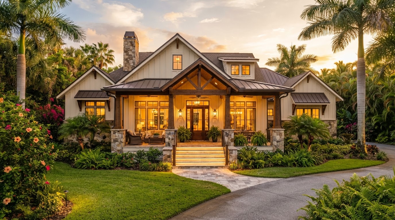 A welcoming Florida home with palm trees and a covered front porch at golden hour