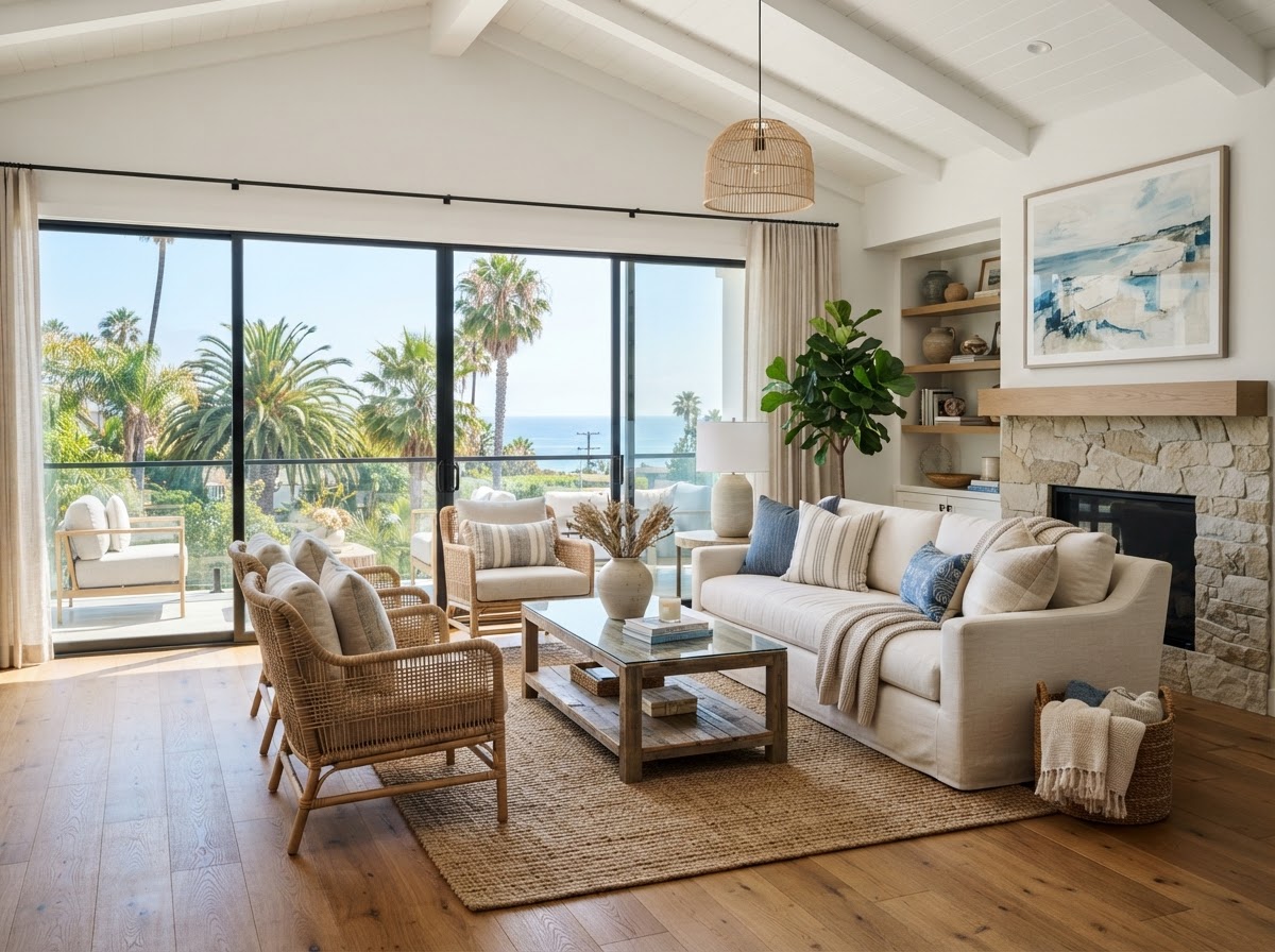 A bright, staged living room with coastal touches and large windows overlooking palm trees