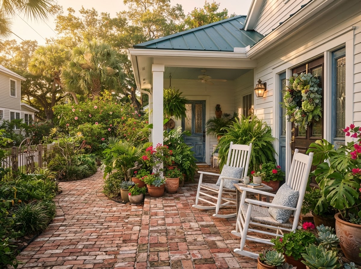 A welcoming front porch with rocking chairs and a wreath on the front door