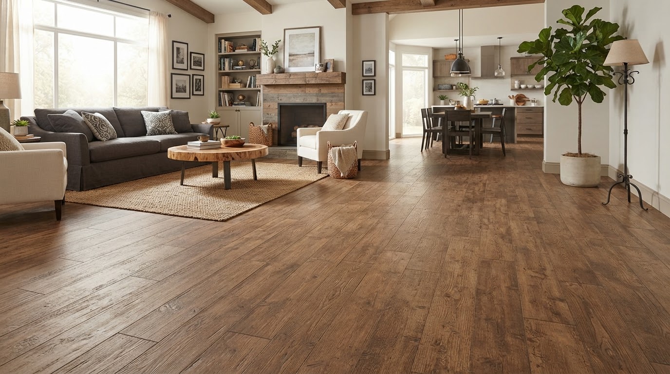 Rustic concrete wood overlay floor resembling hardwood planks