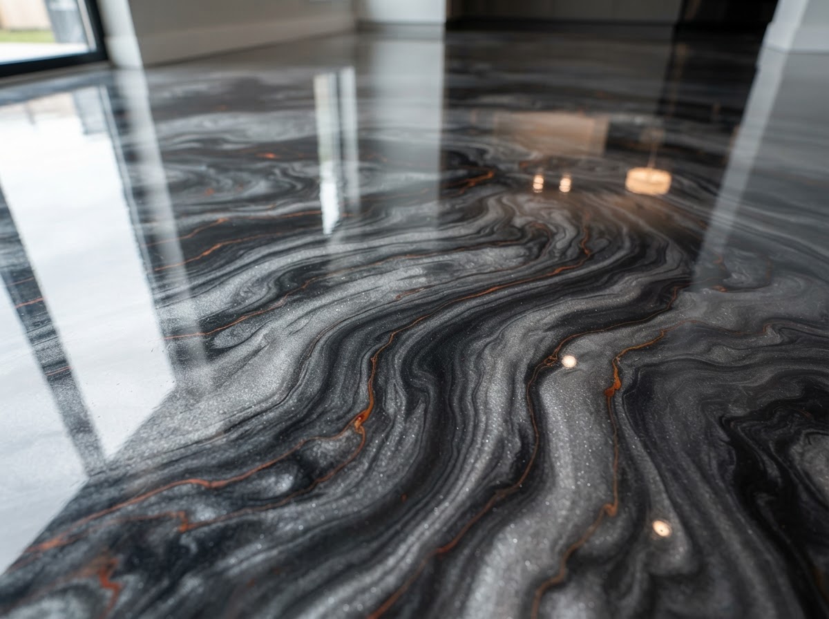 Metallic marble epoxy floor with 3D depth and orange veins