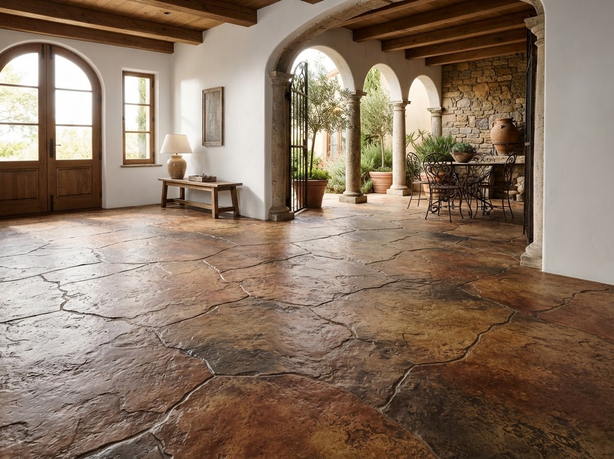 Tuscan slate concrete overlay floor in warm earth tones