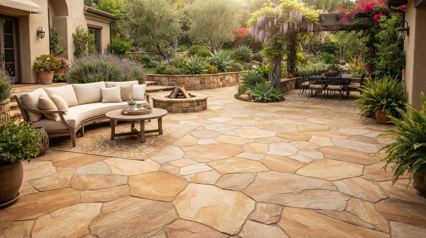 Grand flagstone concrete overlay patio with stone pattern