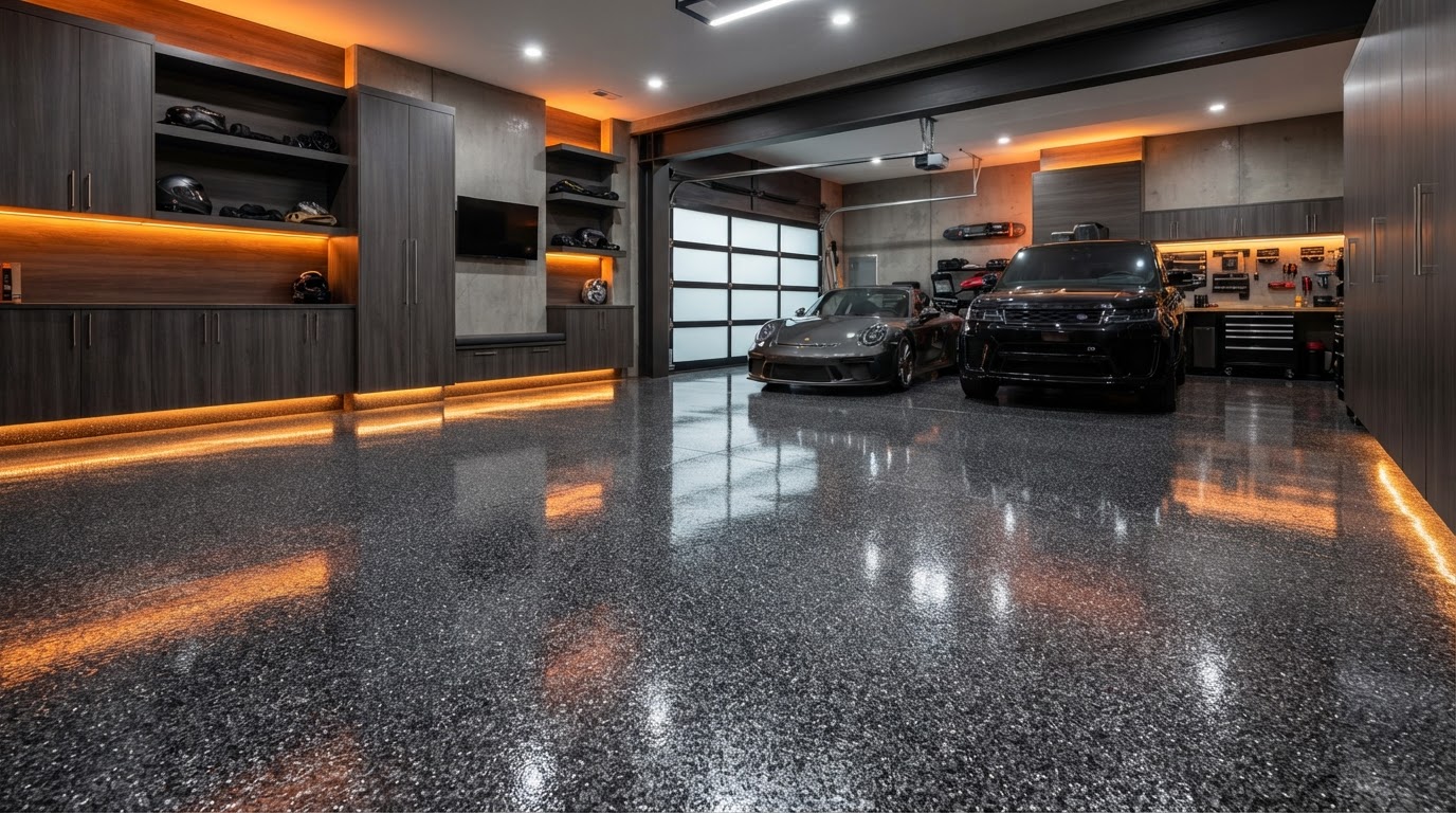 Polished epoxy garage floor with metallic silver flake finish installed by Floor Armor