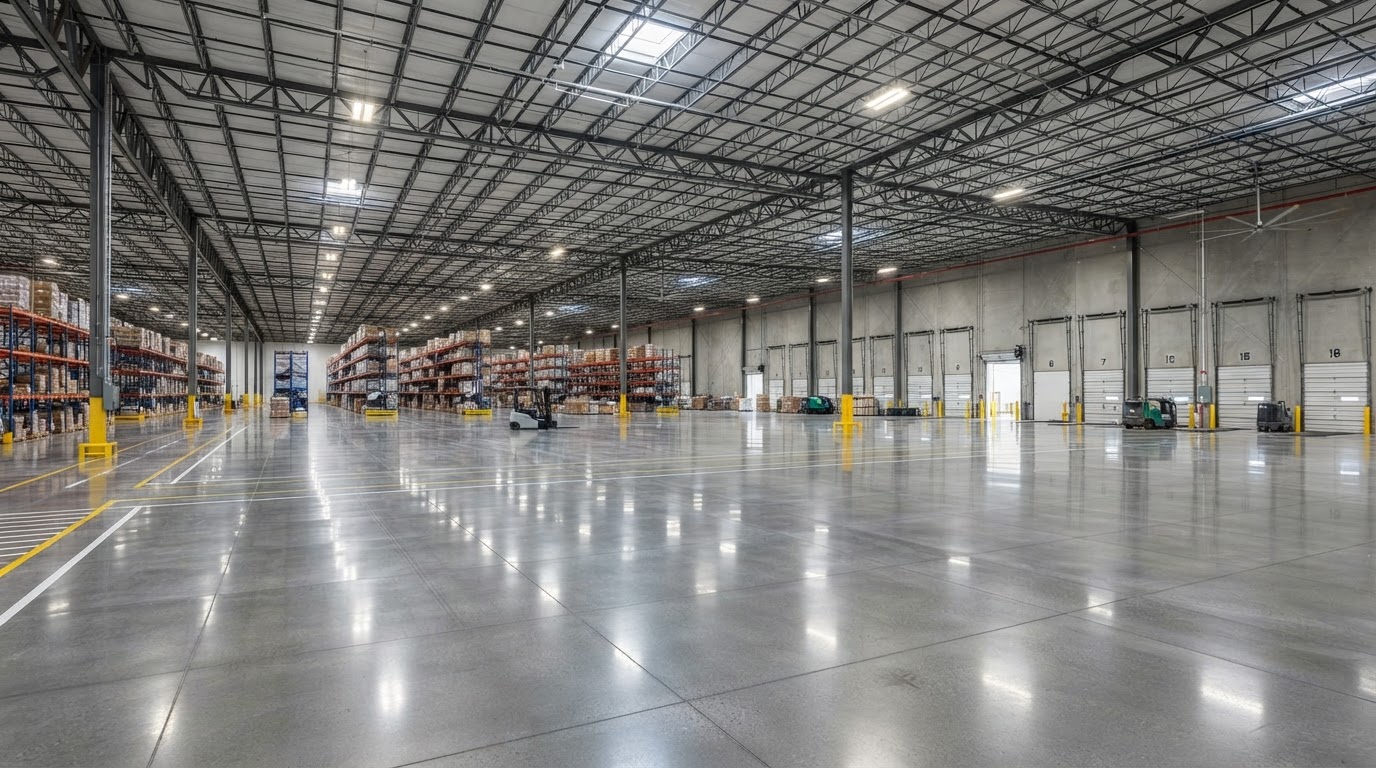 Polished concrete floor in a large industrial warehouse