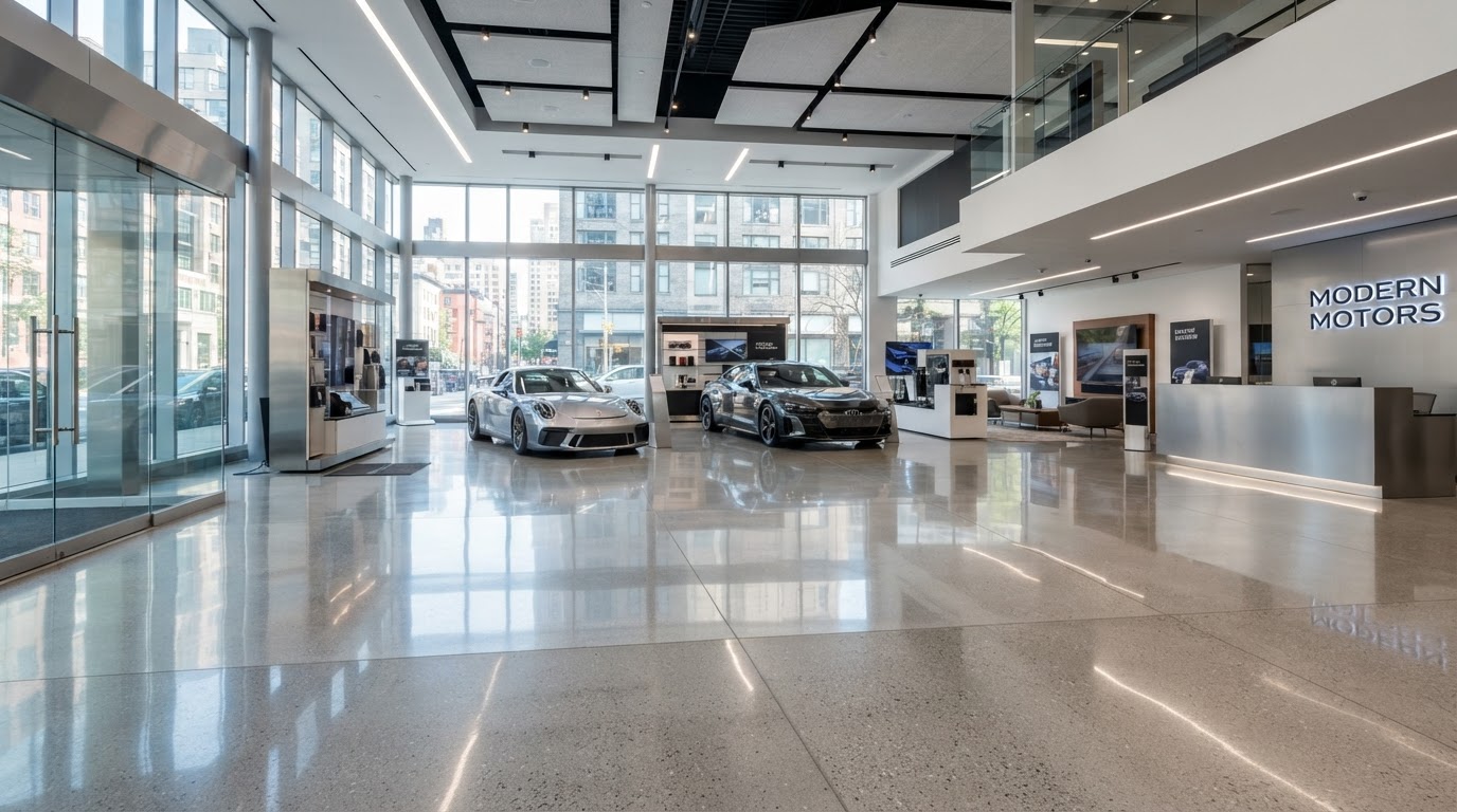 Polished concrete showroom floor in a bright retail space
