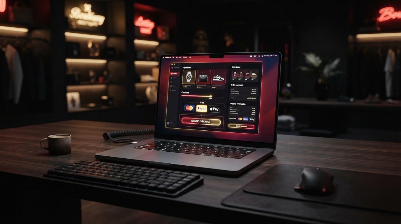 Sleek laptop on a dark desk displaying an online shopping checkout interface with red and gold neon glow