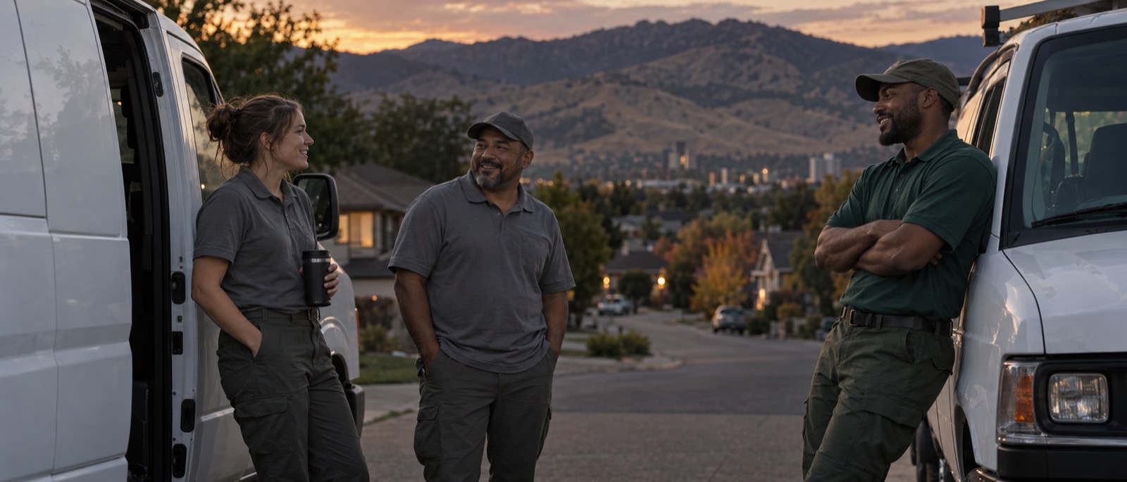A home service crew beside their vans at dusk
