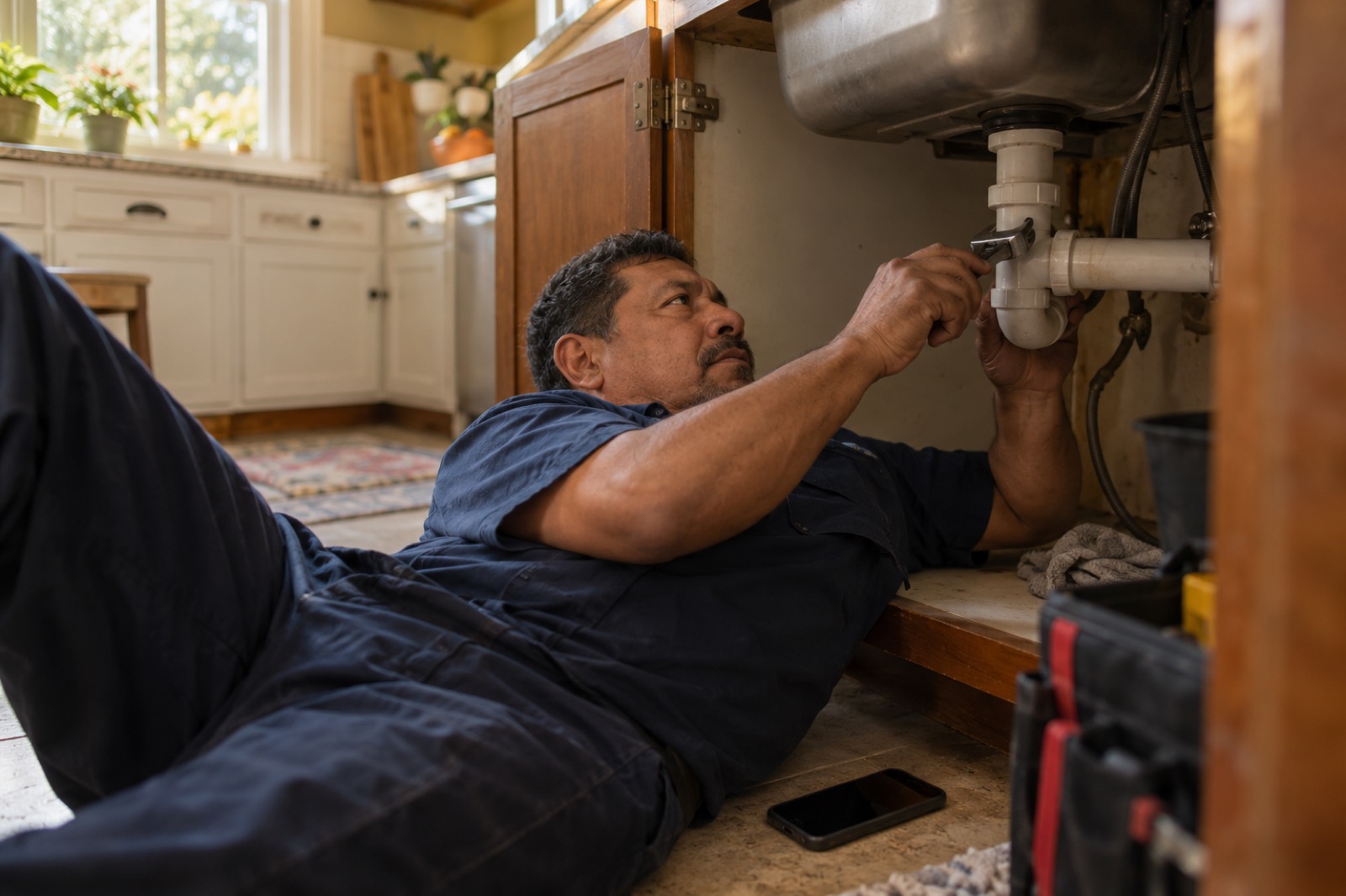 A plumber working under a kitchen sink