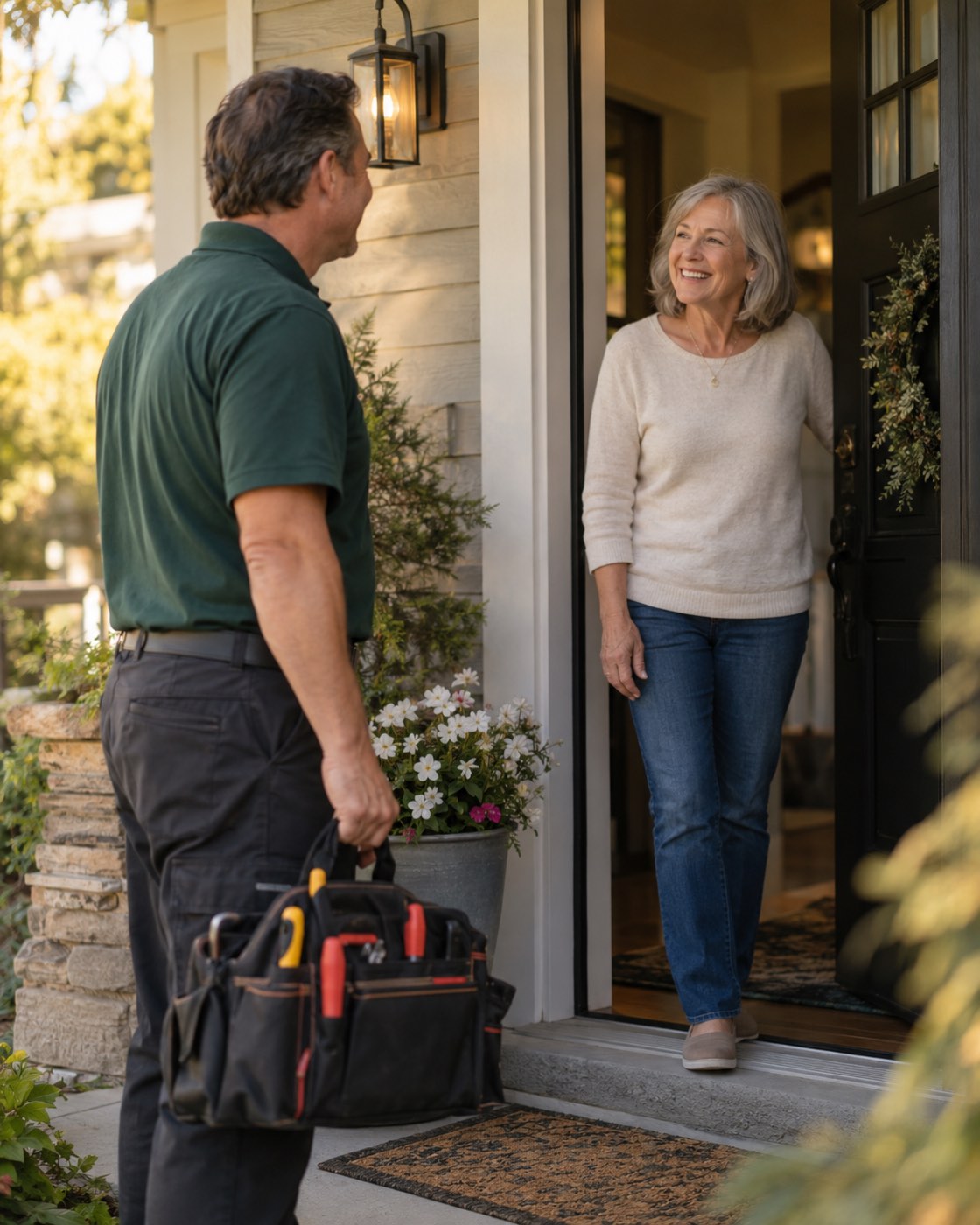 A technician greeting a homeowner at her front door
