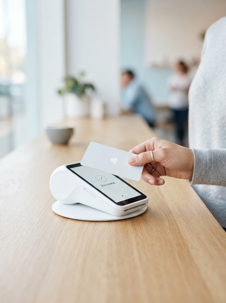 A modern card reader accepting a tap-to-pay payment