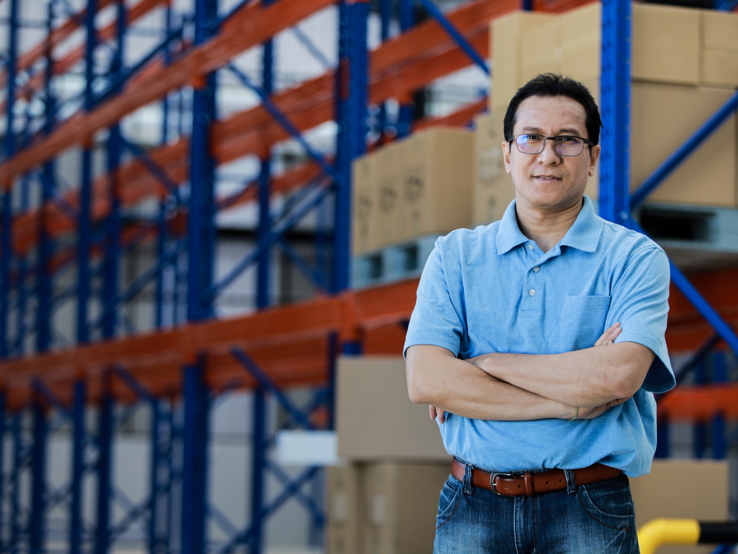 A wholesale distribution business owner in a modern warehouse