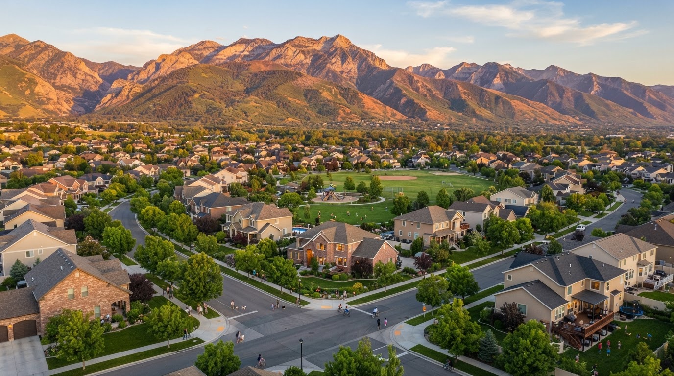 Aerial view of a pleasant Pleasant Grove, Utah neighborhood at golden hour