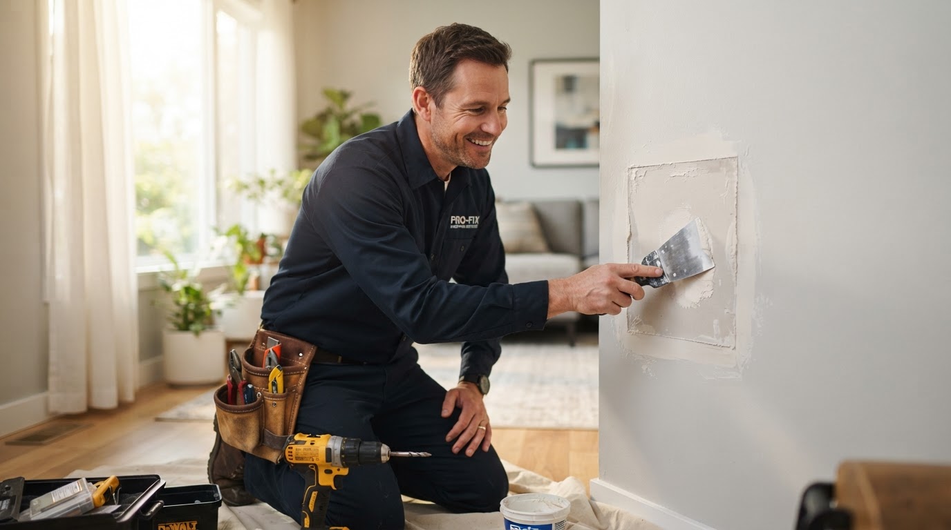 A friendly handyman repairing drywall in a bright, modern home