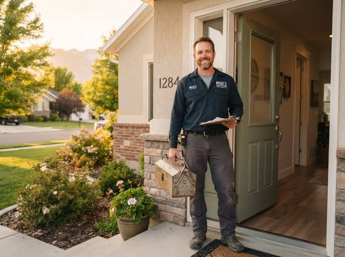 A friendly local handyman holding a toolbox outside a tidy suburban home