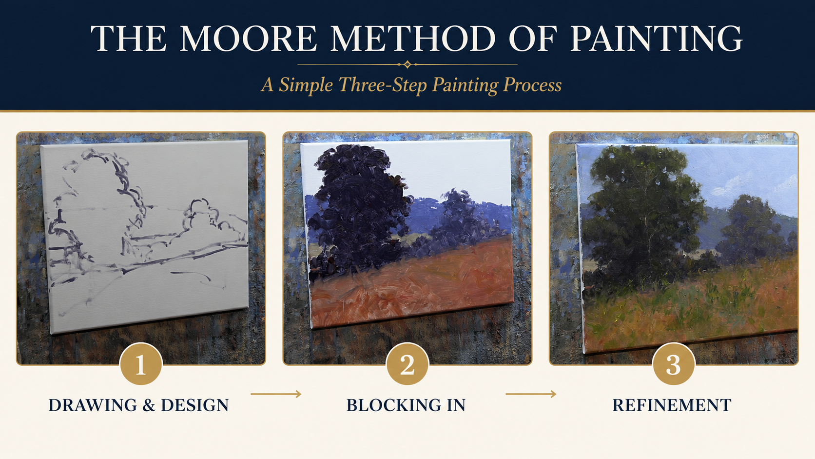 The Moore Method of Painting: A Simple Three-Step Painting Process — 1. Drawing & Design, 2. Blocking In, 3. Refinement