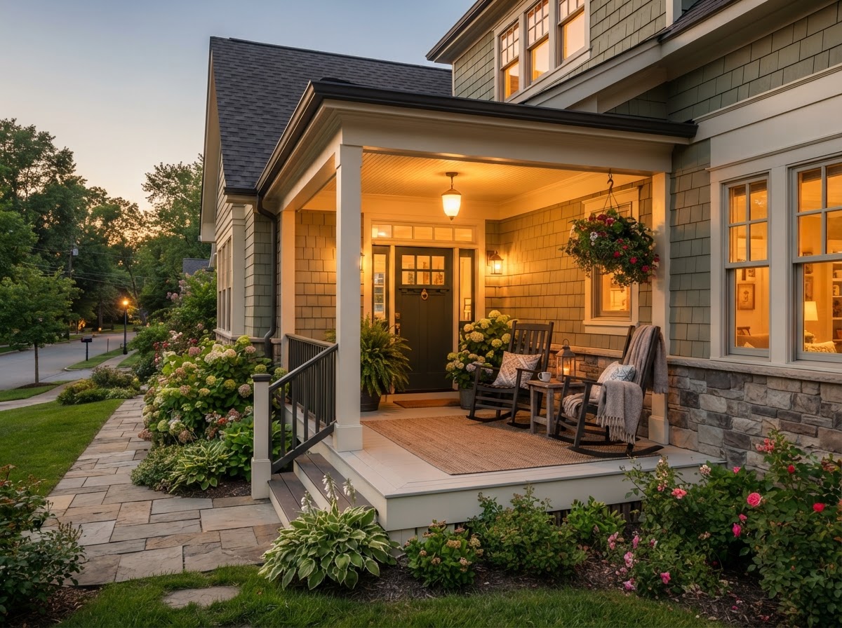 A cozy front porch with warm evening light