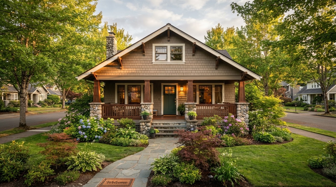 A welcoming craftsman-style home with a deep green front door on a quiet Maple Valley street at dusk