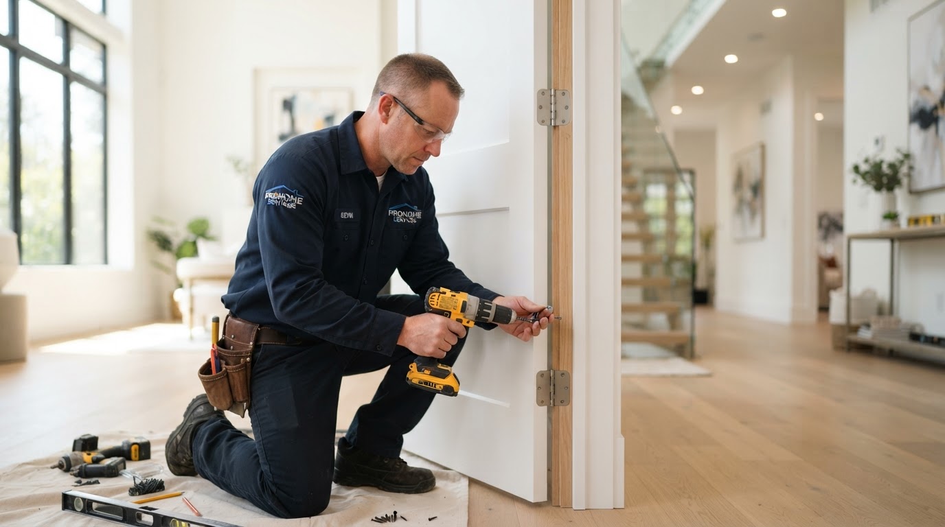 Professional handyman installing a door
