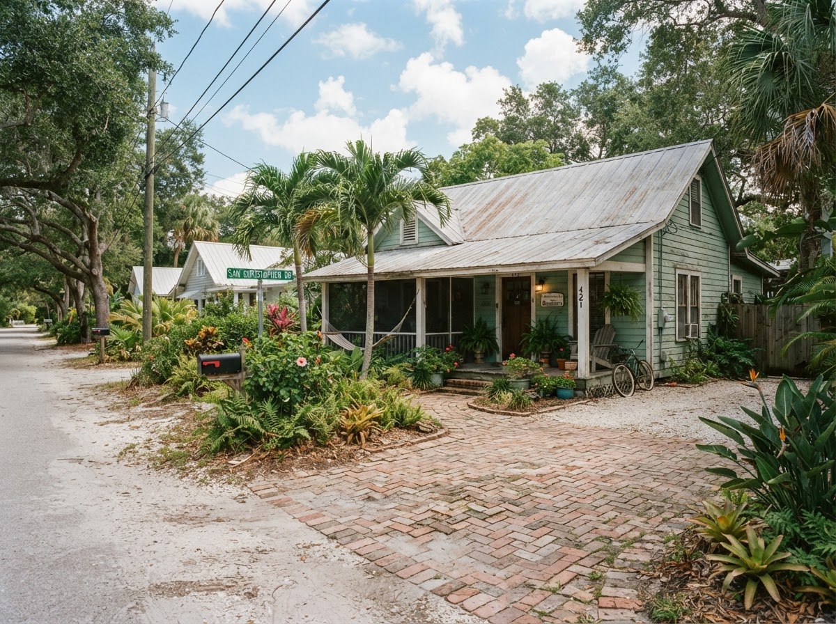 A Florida cottage with a corrugated metal roof and brick paver driveway in Dunedin