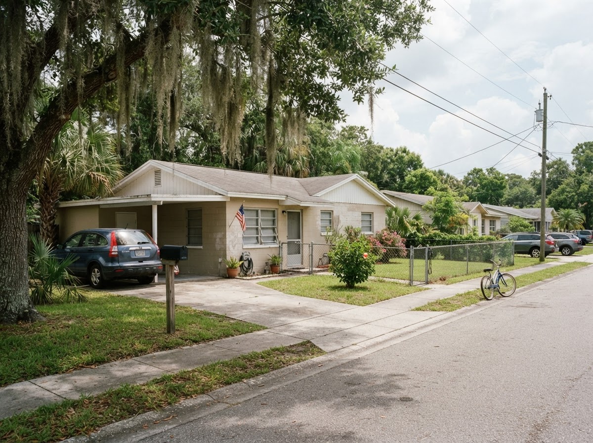 A concrete-block Florida ranch house with a carport in Seminole