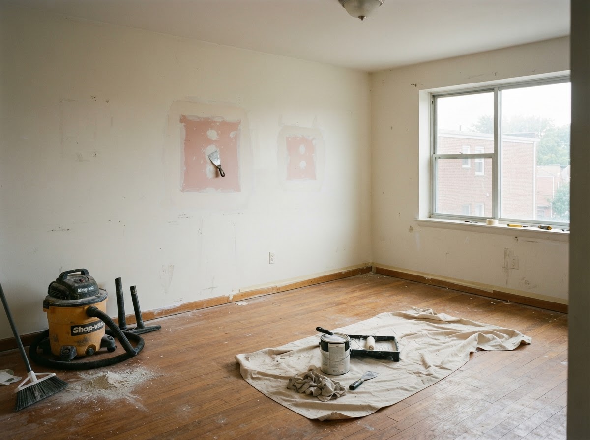 A cleared rental room mid-turnover with drywall patches, spackle, a putty knife, and a shop vacuum