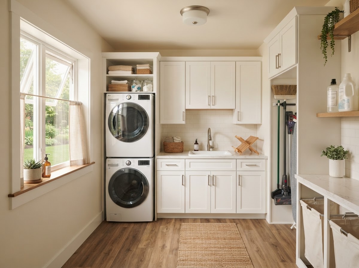 Finished white shaker cabinetry in a residential utility room with a light quartz counter and brushed nickel hardware