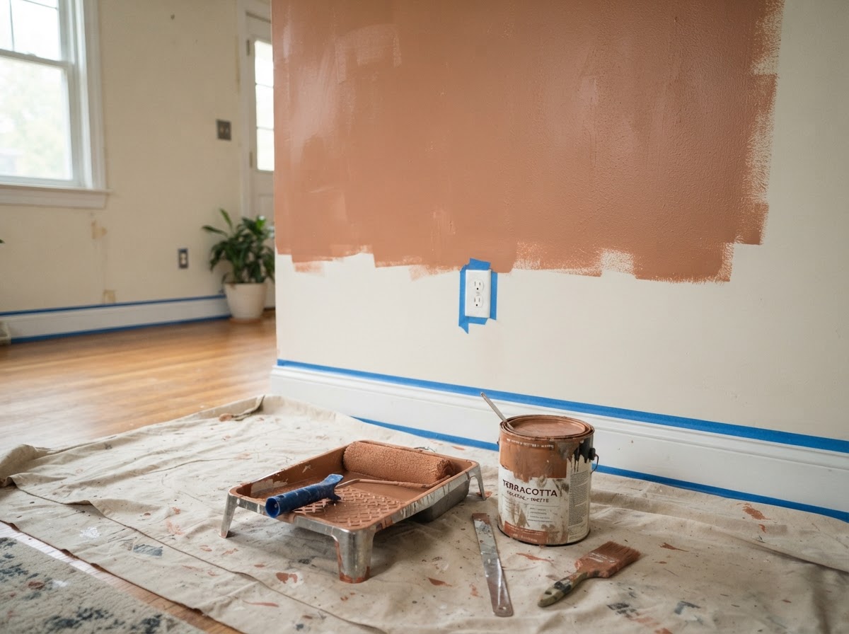 Interior wall painting in progress with painter's tape along the baseboard, a roller tray, and an open paint can