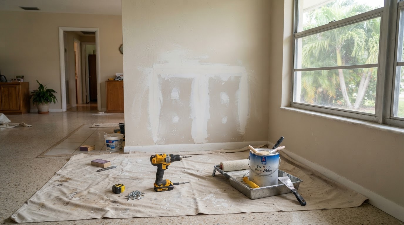 A repair job in progress inside a Florida home, with a drop cloth, paint cans, and tools on the floor