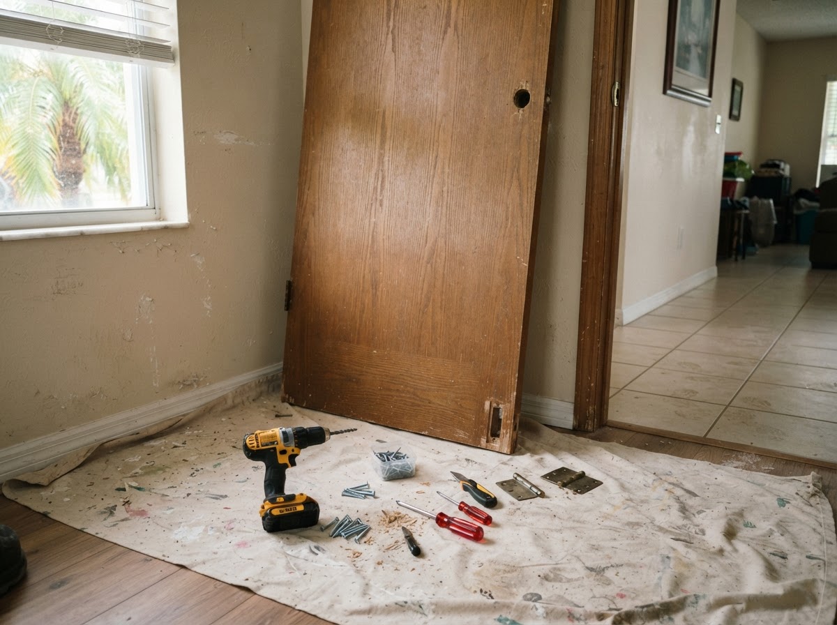 An interior door removed from its hinges and leaned against a wall, with a cordless drill, screwdrivers, and loose hinge screws on a drop cloth during a residential repair