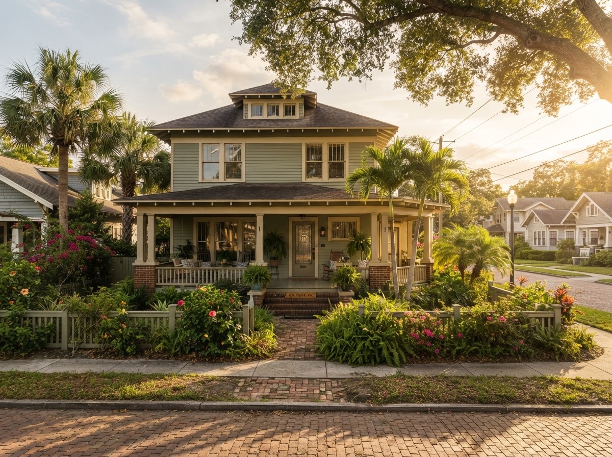 A two-story Florida craftsman home with a wraparound porch in St. Petersburg