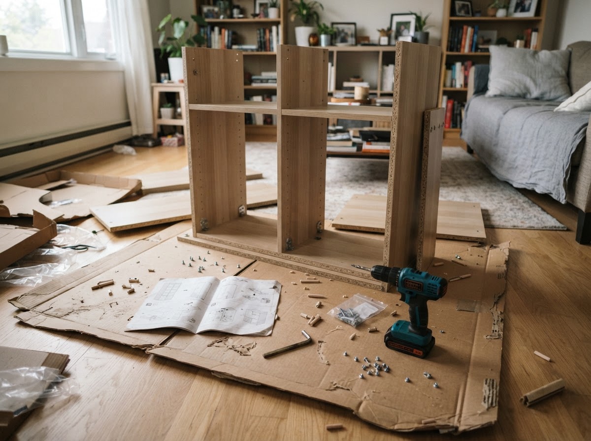 Flat-pack furniture panels laid out on the floor with an Allen key, a cordless drill, and loose hardware during assembly