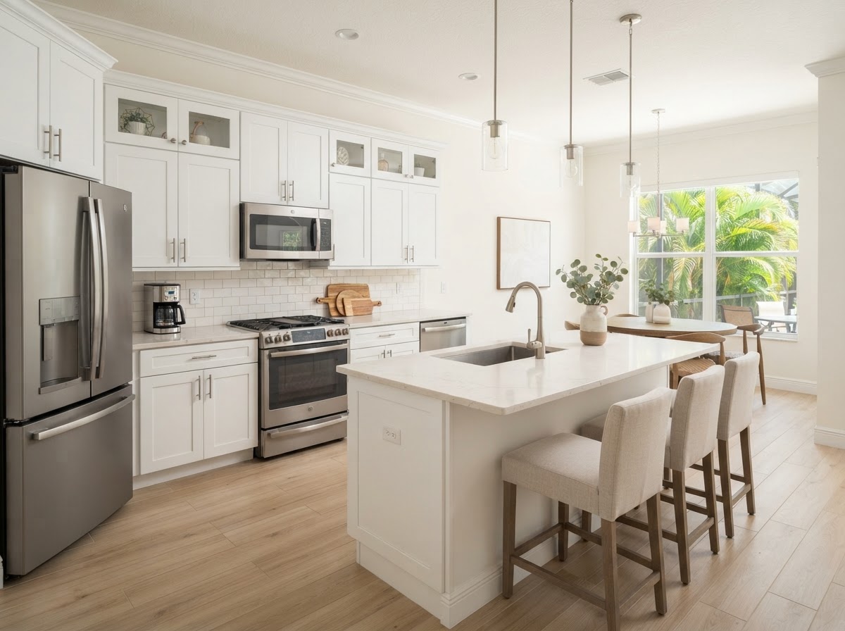 A finished residential kitchen remodel with white shaker cabinets, light quartz countertops, a white subway tile backsplash, and stainless steel appliances