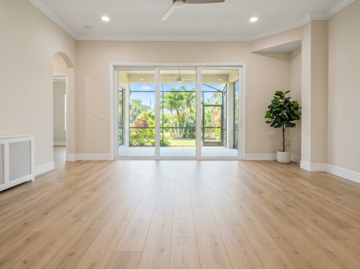 Finished luxury vinyl plank flooring installed in a bright residential living room with crisp white baseboards