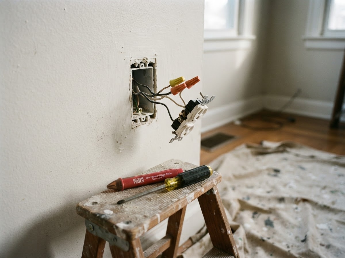 A wall outlet being replaced with a voltage tester and screwdriver resting on a step ladder during a residential repair