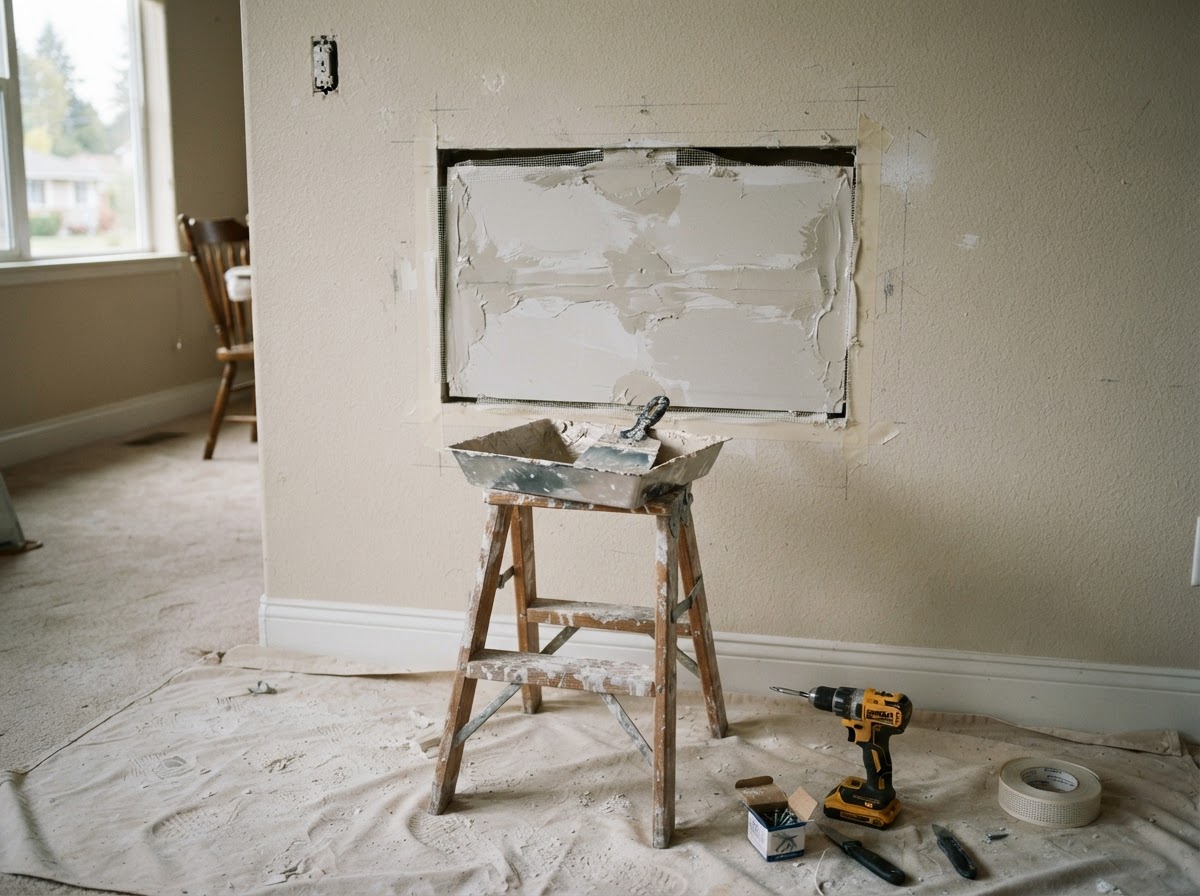 A drywall patch with wet joint compound around the edges and a taping knife resting on a step ladder during a wall repair