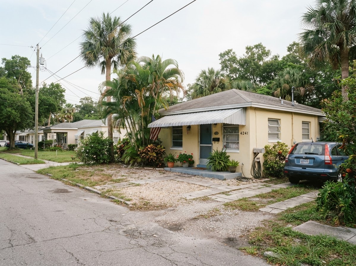 A modest Florida stucco home with a metal awning in Pinellas Park