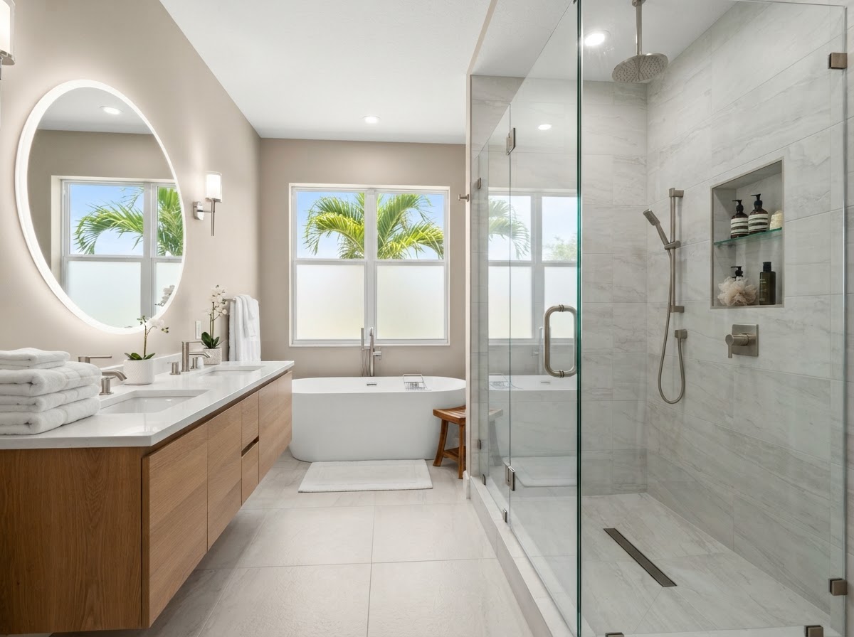 A finished residential bathroom remodel with a large walk-in shower, floor-to-ceiling tile, and a frameless glass enclosure