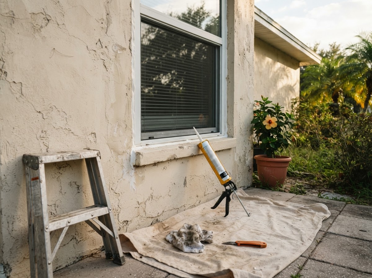 Exterior caulk applied around a window frame at a Florida stucco home, with a caulk gun and step ladder nearby