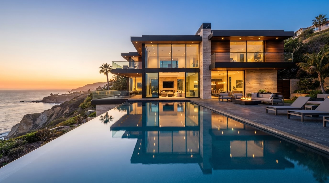 Architectural luxury residence at golden hour