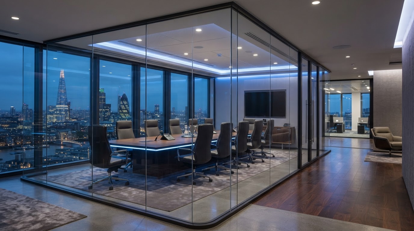 Modern corporate office with city skyline