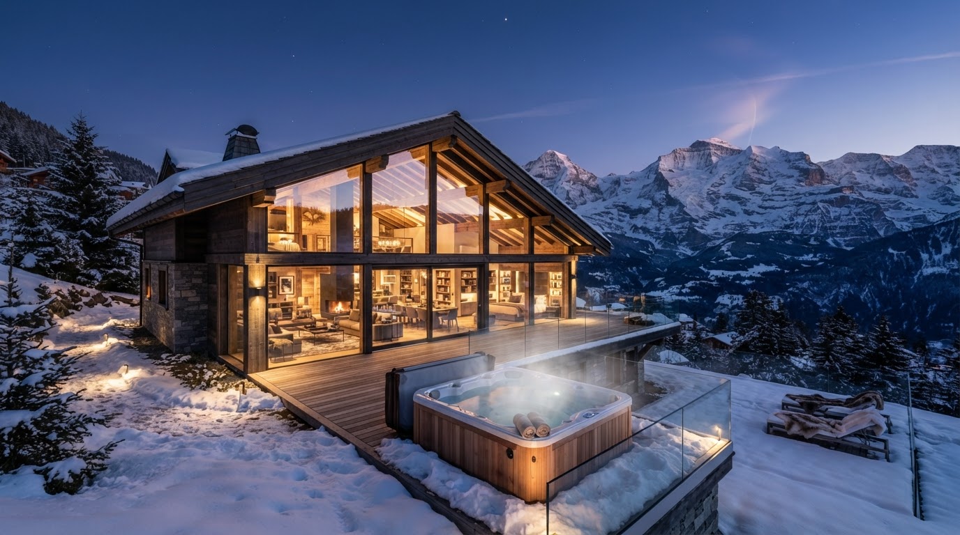Alpine glass chalet with mountain panorama