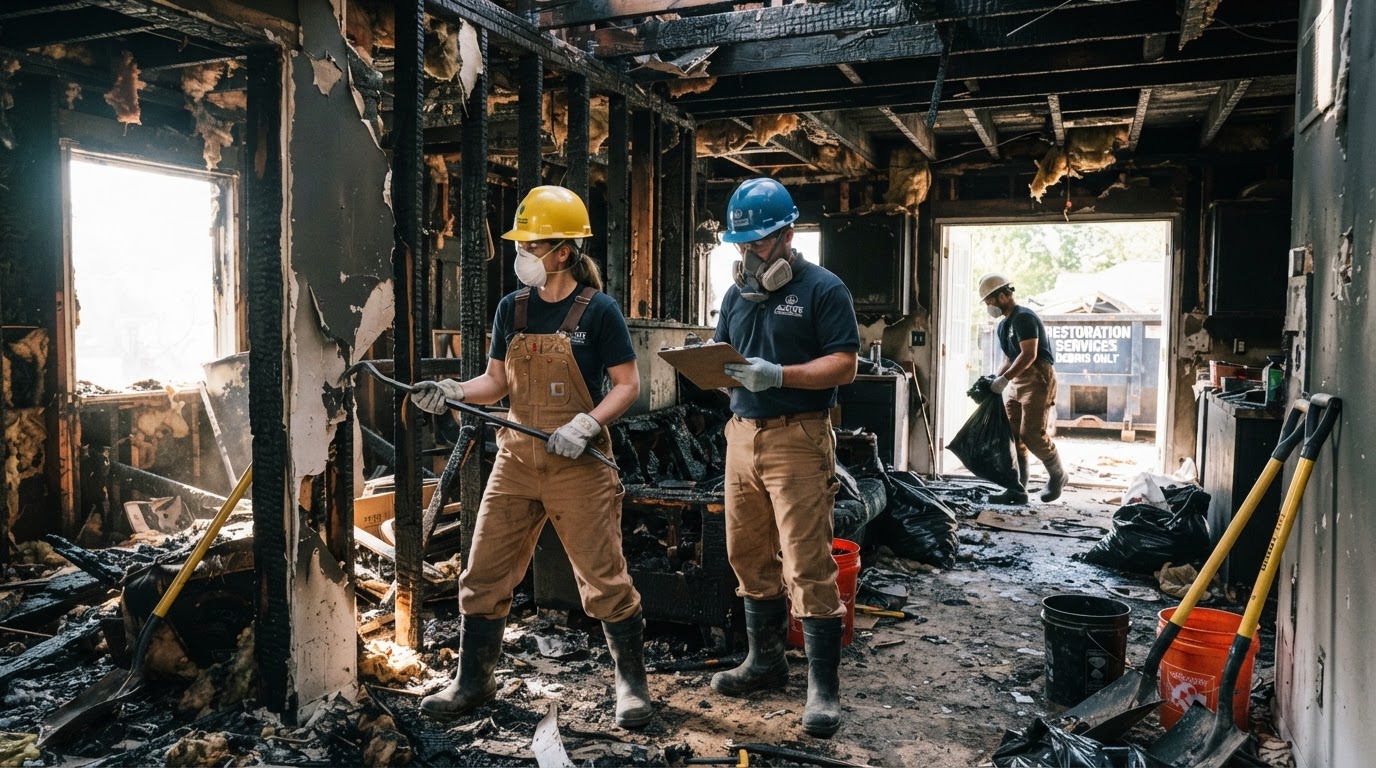 Restoration crew assessing a fire-damaged property