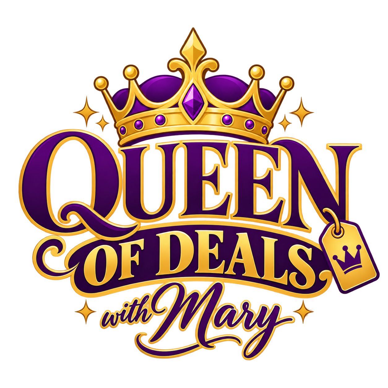 Queen of Deals with Mary podcast cover artwork — royal crown with jewels, gold lettering, and price tag on black background