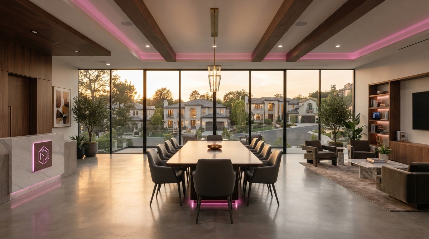 Modern luxury real estate brokerage office at golden hour