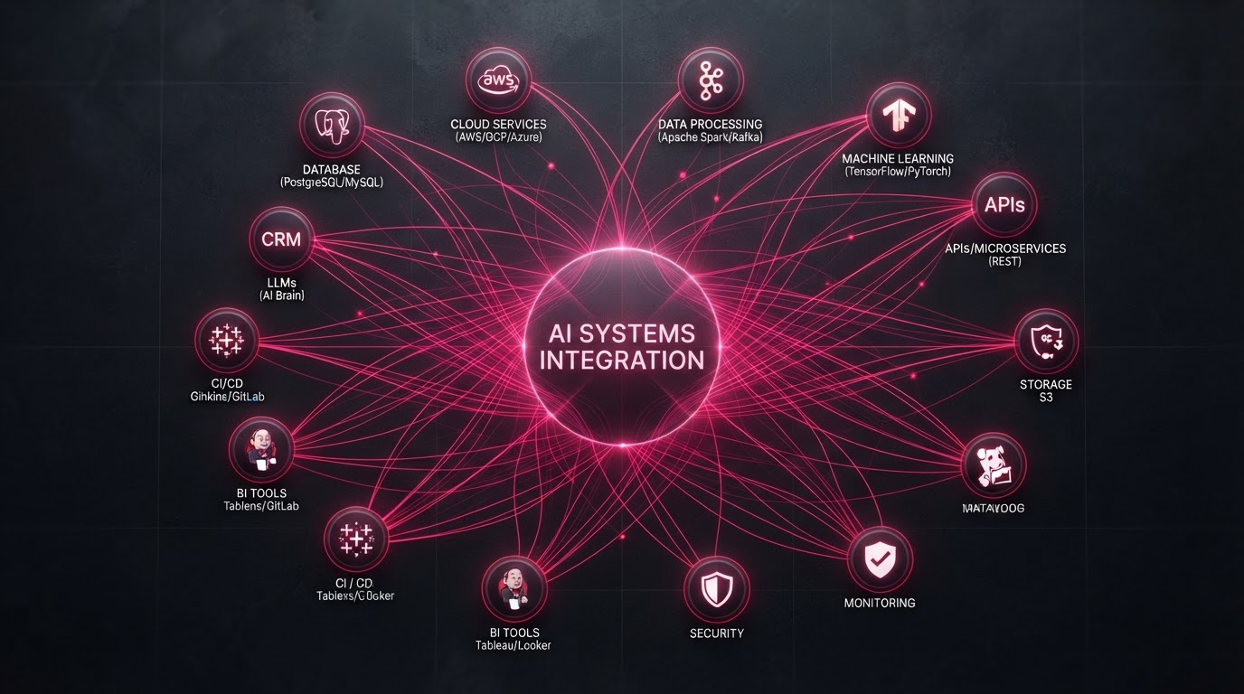 Abstract visualization of AI systems integration with multiple software tool icons connected into a unified magenta network on a dark background.