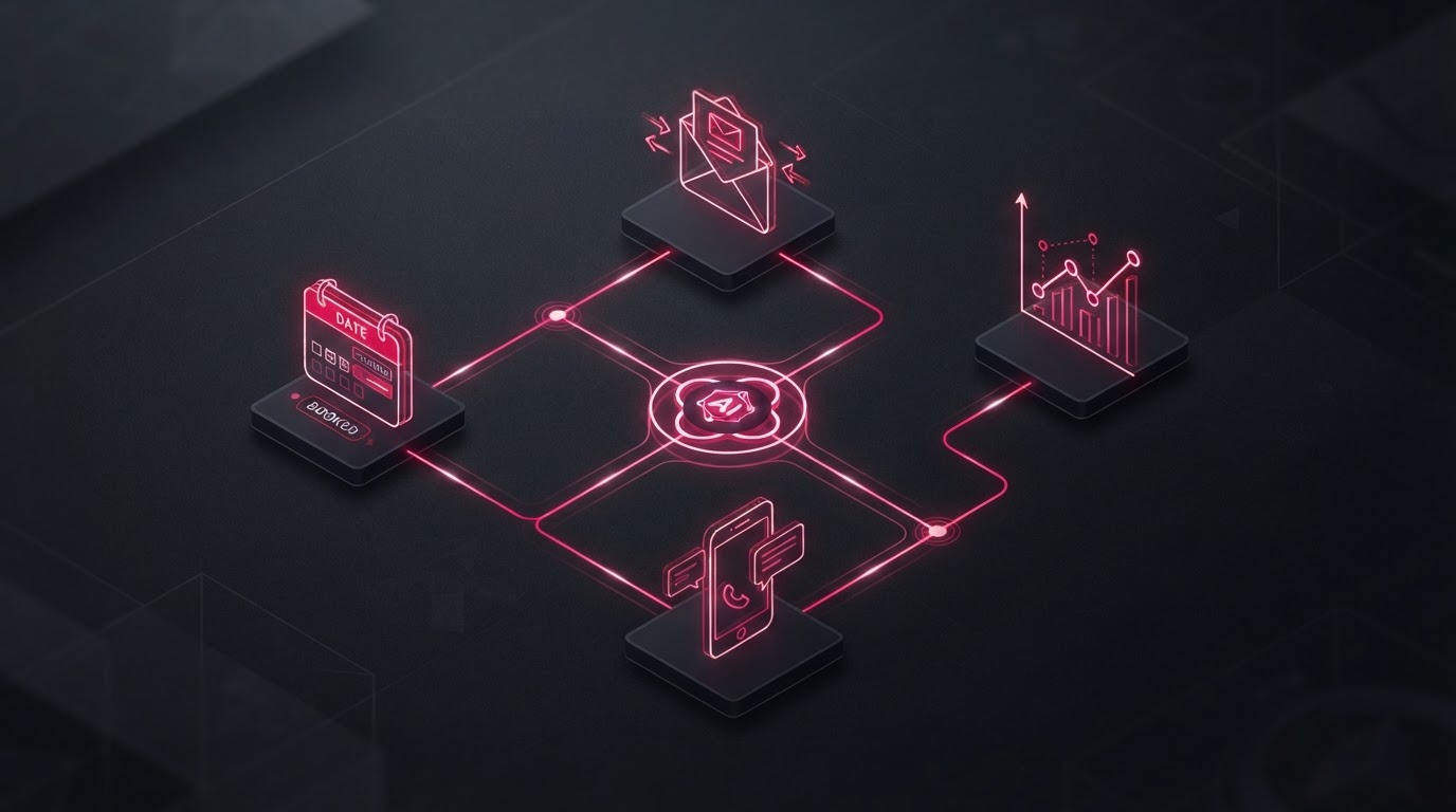 Abstract isometric arrangement of small business workflow icons connected by magenta glowing lines on a dark background.