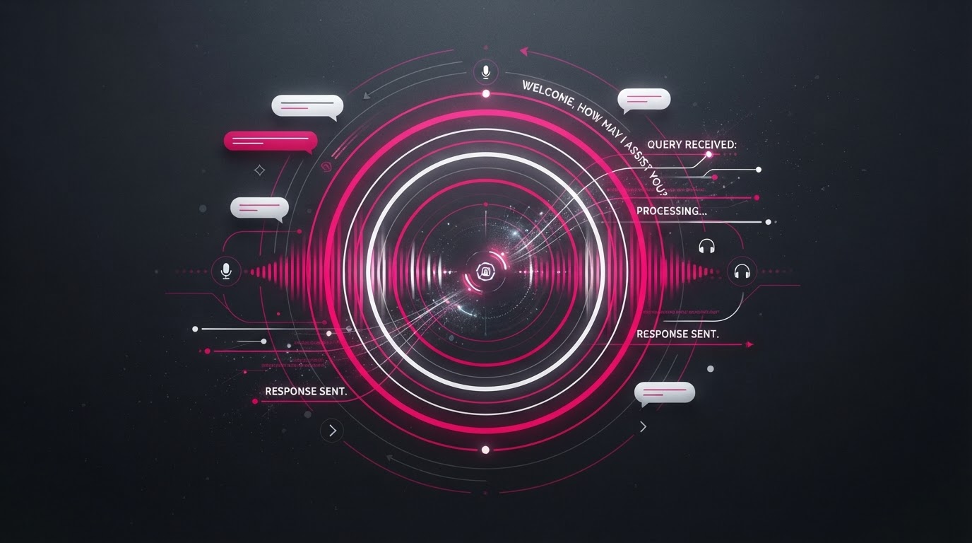 Abstract visualization of an AI receptionist with concentric sound-wave rings and chat interface elements in magenta on a dark background.